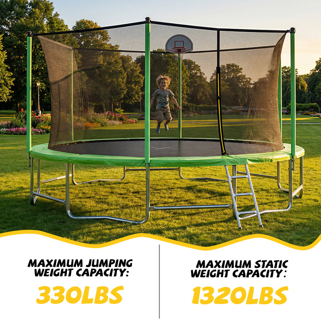 Mersco 16ft Trampoline for Kids and Adults,Outdoor Trampoline with Enclosure,Basketball Hoop and Ladder,Upright-Poled Backyard Trampoline,Jumping Trampoline PLAY for Boys and Girl Birthday Gift,Green