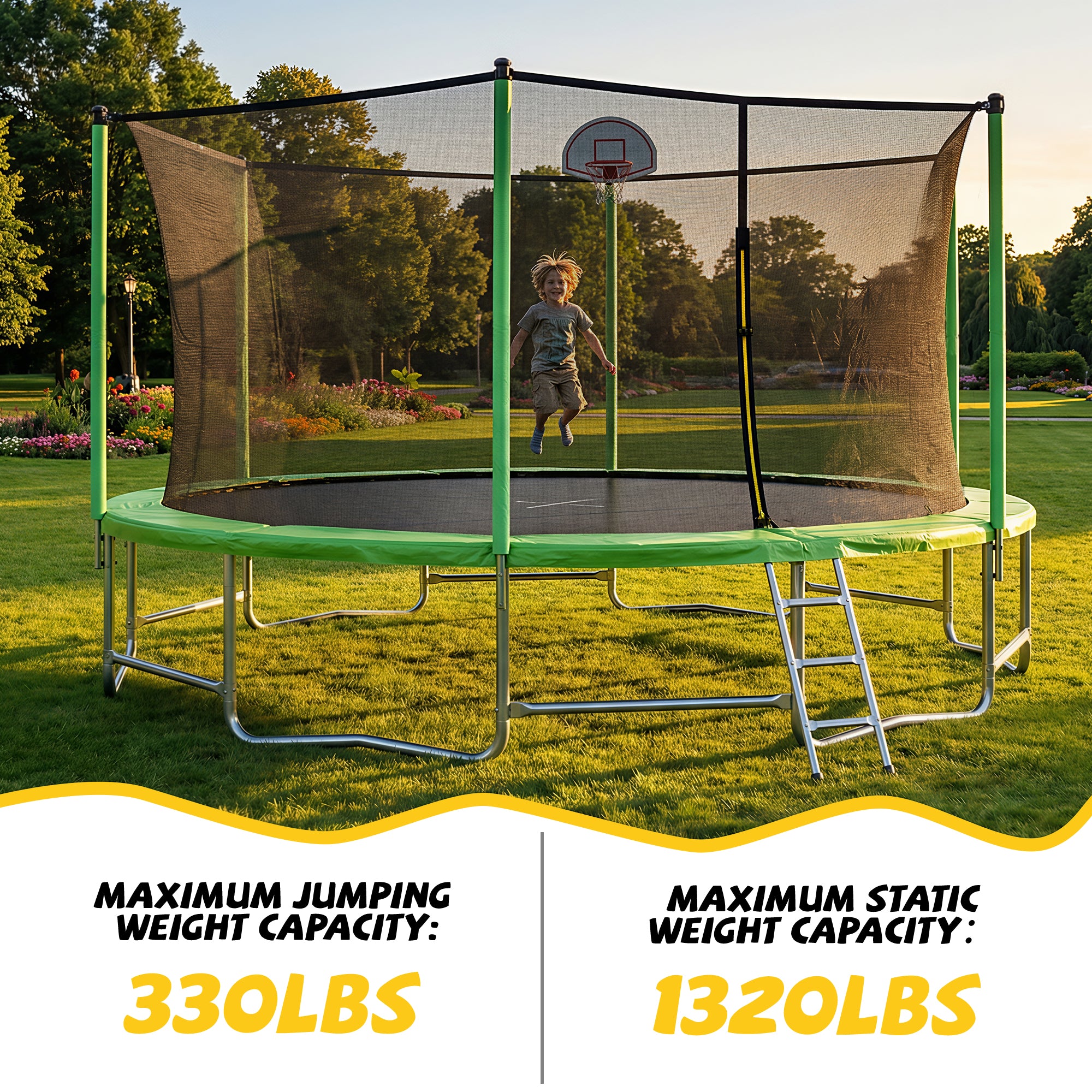 Mersco 16ft Trampoline for Kids and Adults,Outdoor Trampoline with Enclosure,Basketball Hoop and Ladder,Upright-Poled Backyard Trampoline,Jumping Trampoline PLAY for Boys and Girl Birthday Gift,Green