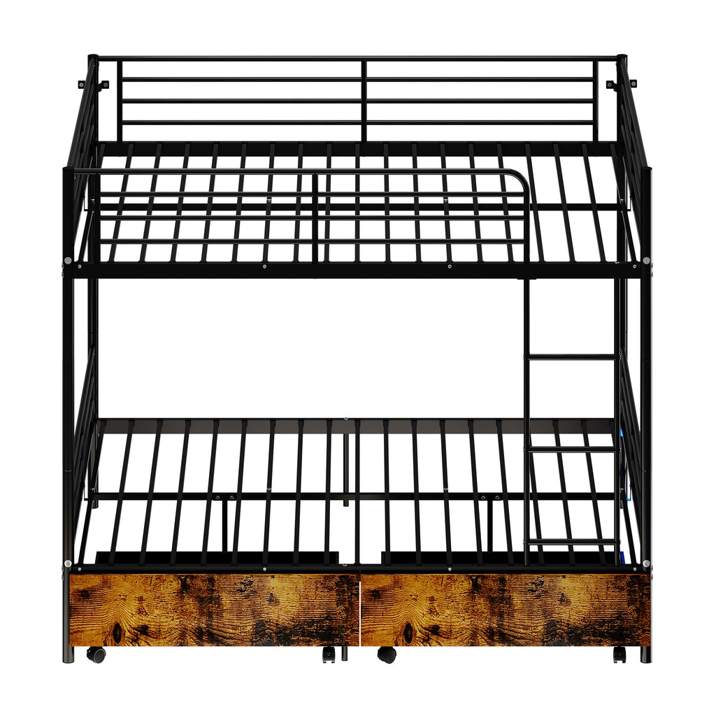 Kdymod Full over Full Metal Bunk Bed with Storage Drawers, Heavy Duty Bed Frame Converts to 2 Separate Beds with Safety Guardrail & Built-in Ladder, LED Lights & Charging Station, Black
