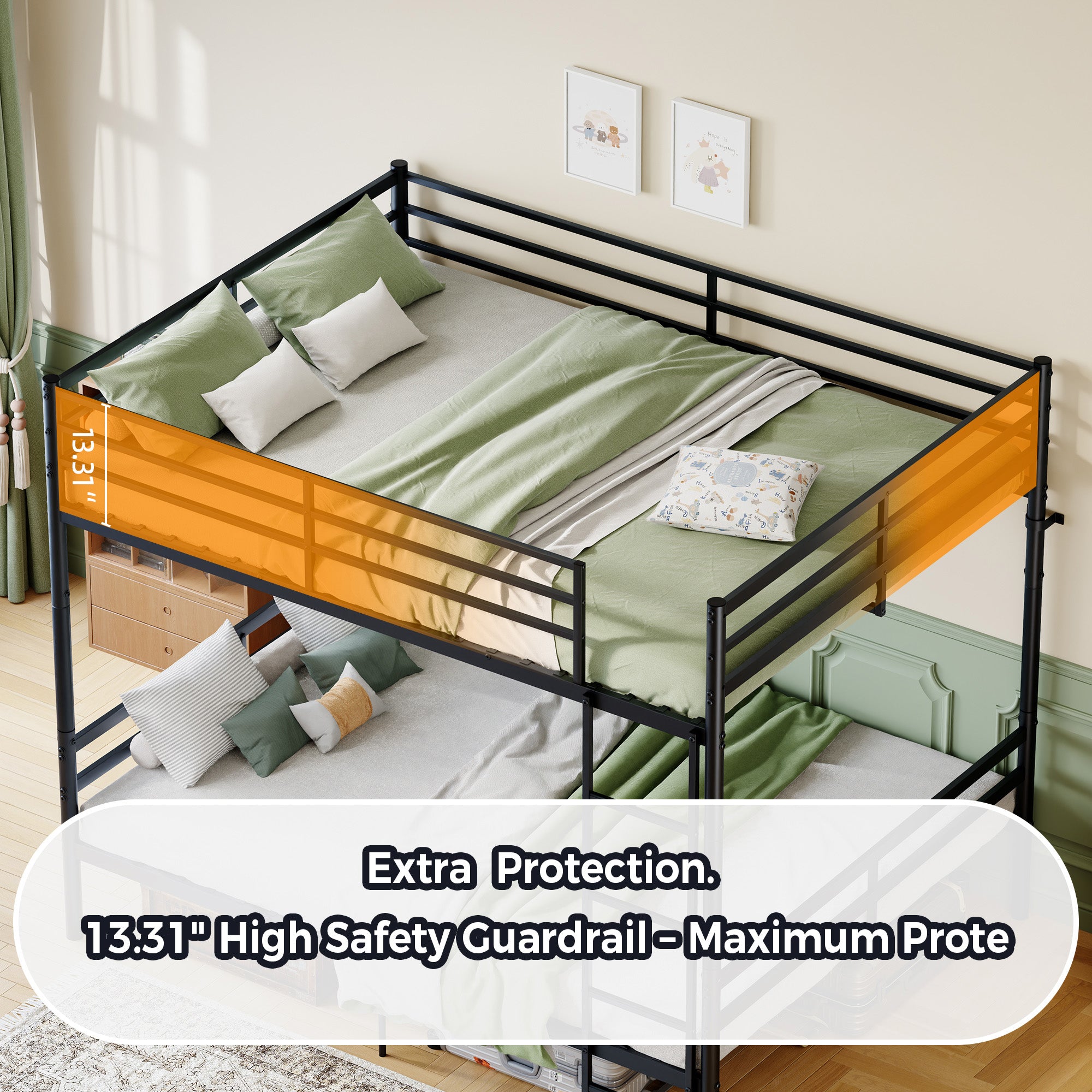 Kdymod Queen over Queen Metal Bunk Bed with Storage, Converts to 2 Separate Beds, Heavy-Duty & Space-Saving Bed Frame with Built-in Ladder & Safety Guardrail, Black
