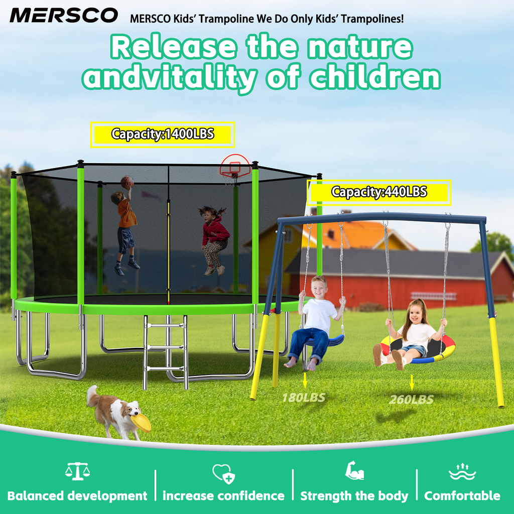 Mersco 14FT Heavy Duty Trampoline with Enclosure Net ,Swing Set Outdoor Big Trampoline for Backyard,Kids Trampoline with Basketball Hoop,Birthday and Holiday Gifts for Kids,Green