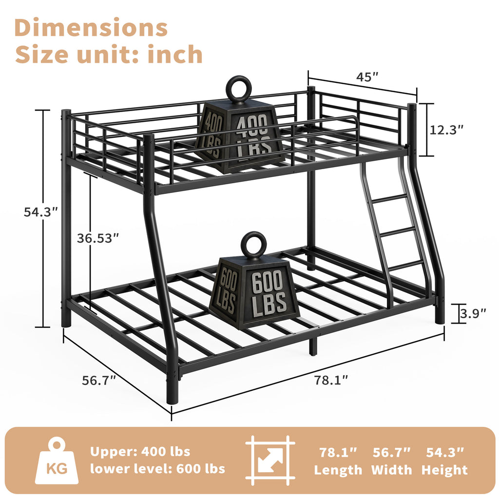 Kdymod Twin over Full Metal Low Bunk Bed with Stairs & Safety Guardrail, Includes 2 6" Memory Foam Mattresses, Space-Saving Heavy Duty Bed Frame for Adults & Teens, Black