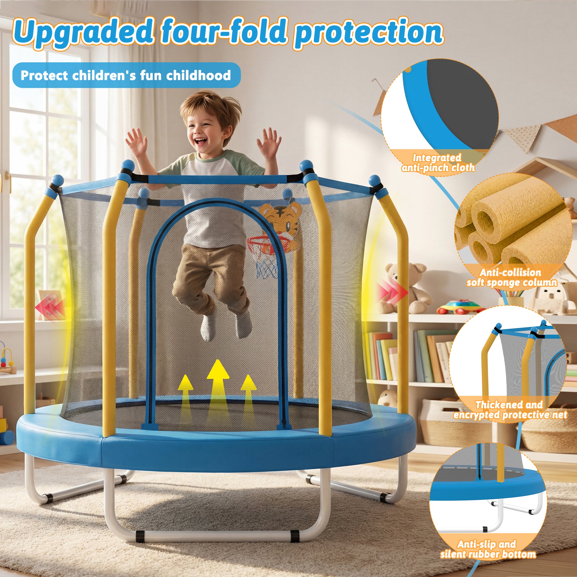 Mersco 55inch Kids Trampoline for Toddlers, Indoor and Outdor Toddler Trampoline with Safety Net, Mini Small Children Trampolines with Basketball Hoop,Baby Toys Gifts for Boys Girls, Birthday, Blue
