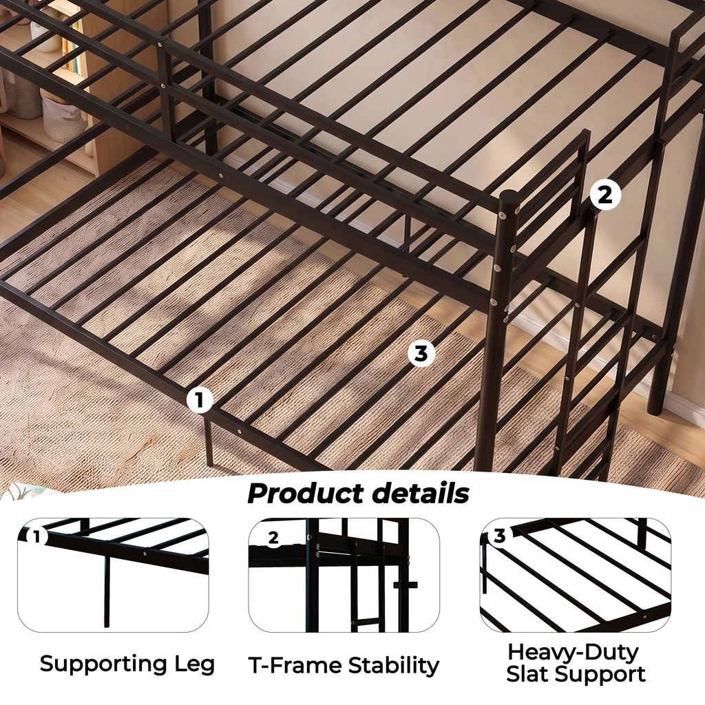 Kdymod Twin over Twin Metal Bunk Bed with Storage, Ladder & Safety Guardrail, Space-Saving Heavy Duty Bed Frame for Adults & Teens, No Box Spring Needed, Black