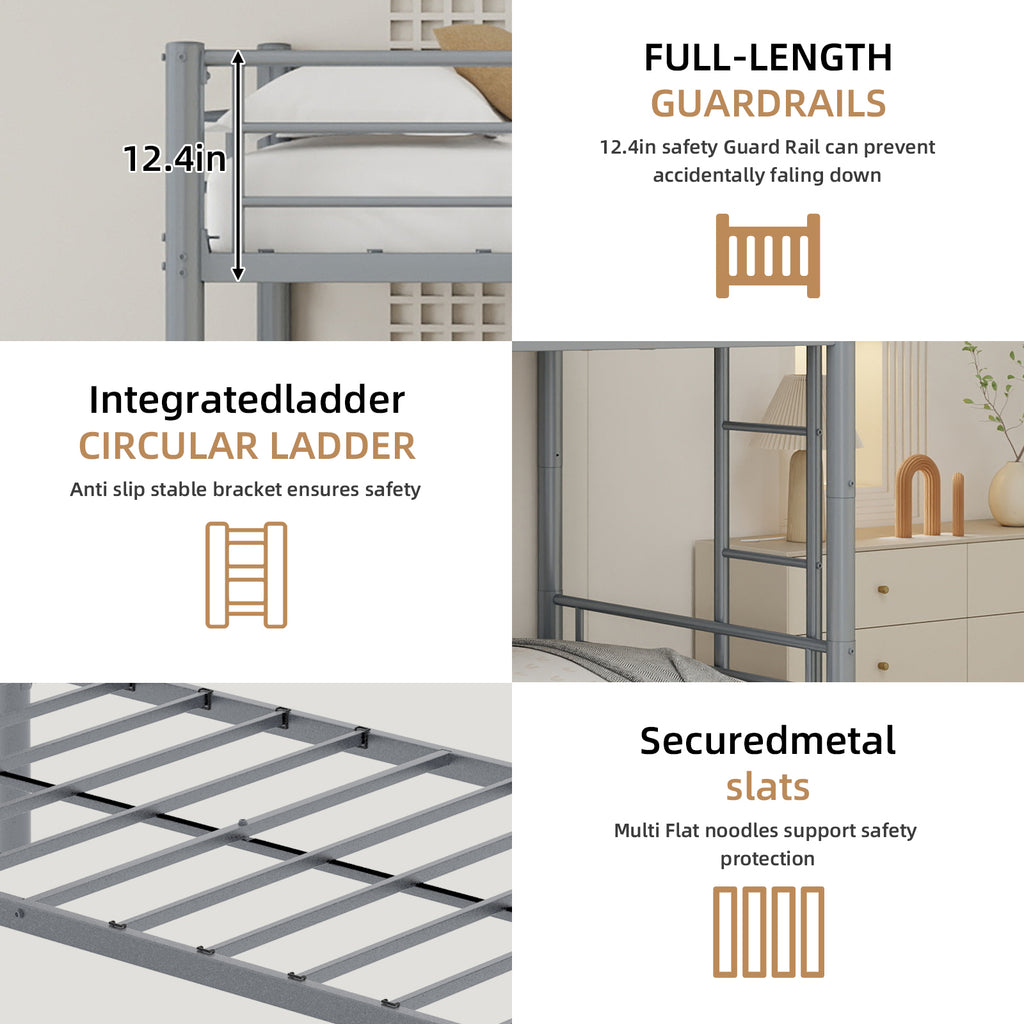 Uiowio Triple Bunk Bed Twin over Twin with Trundle,Triple Twin Bunk Bed with Ladder & Guardrail,Metal Convertible Triple Bunk Bed Frame for Teen & Adult,Bedroom,Dorm,Silver(Mattress not included)