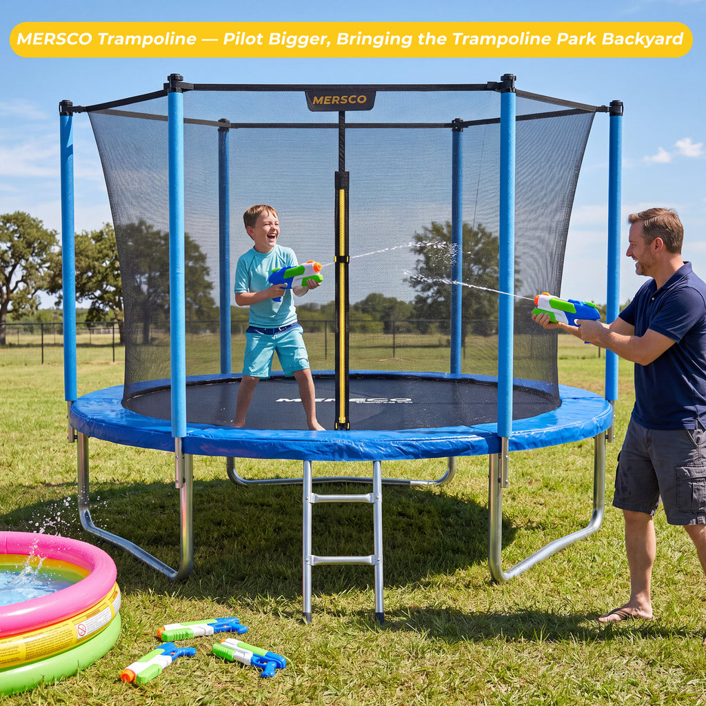 Mersco 10ft Trampoline for Kids,Outdoor Trampoline with Enclosure Net and Ladder,Upright-Poled Backyard Trampoline PLAY for Family Fun,Jumping Trampoline fo Birthday Gifts,Blue
