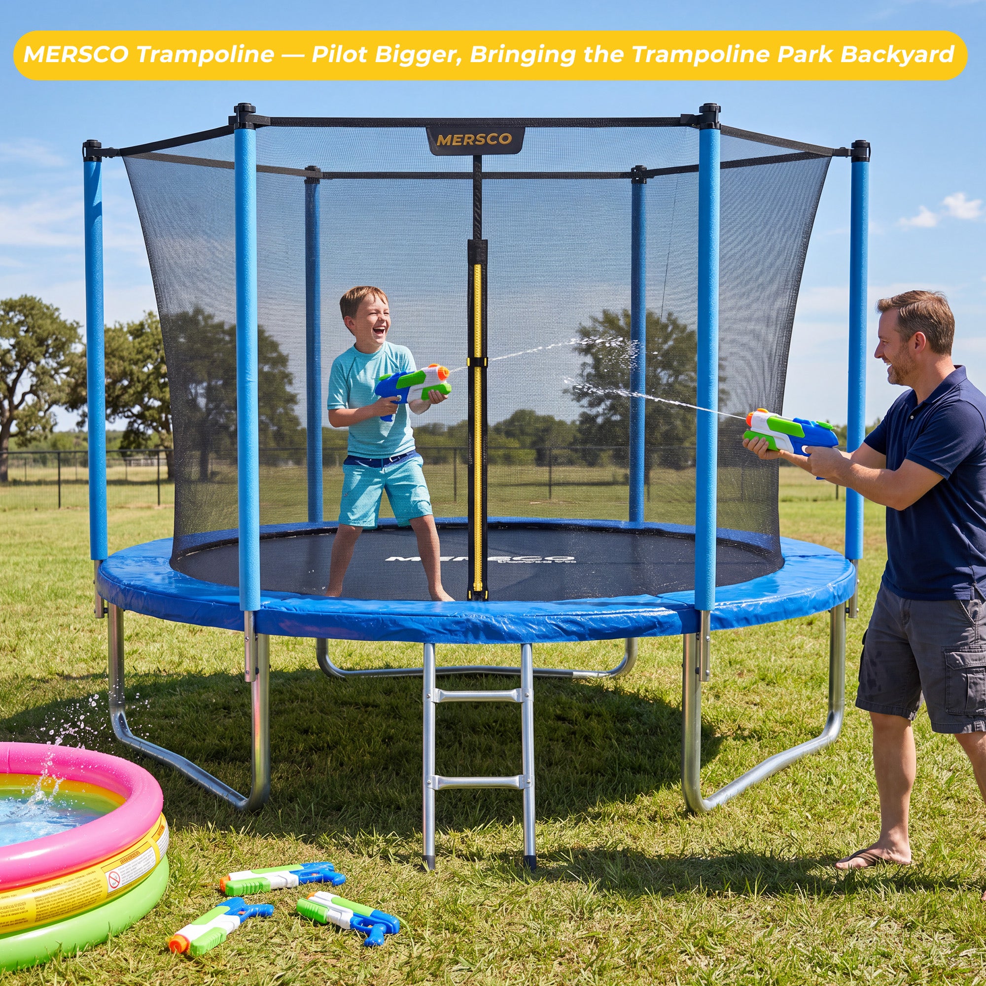 Mersco 10ft Trampoline for Kids,Outdoor Trampoline with Enclosure Net and Ladder,Upright-Poled Backyard Trampoline PLAY for Family Fun,Jumping Trampoline fo Birthday Gifts,Blue
