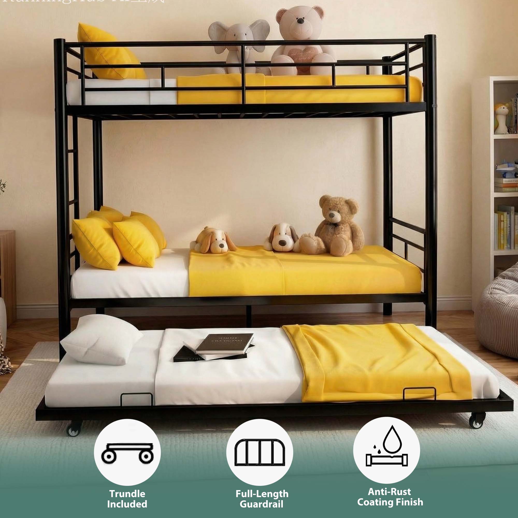 Kdymod Triple Bunk Bed Twin over Twin with Trundle, Includes 3 Twin Size 6" Green Tea Memory Foam Mattresses, Convertible Metal Frame with Ladder and Guardrail, for Teens and Adults, Black