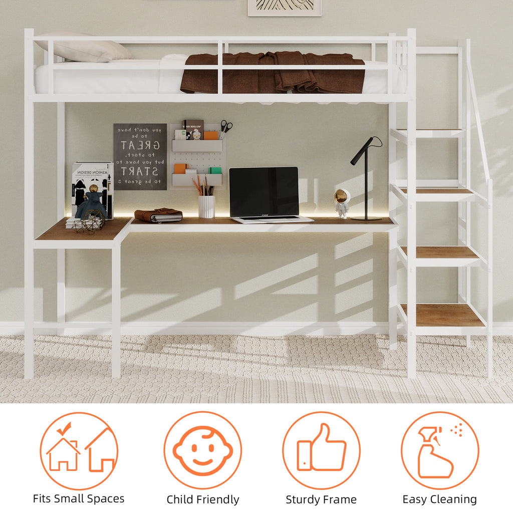 Uiowio Twin Loft Bed with L-Shaped Desk & Large Storage, Space-Saving Loft Bed Frame with Stairs & Continuous Guard Railing, White