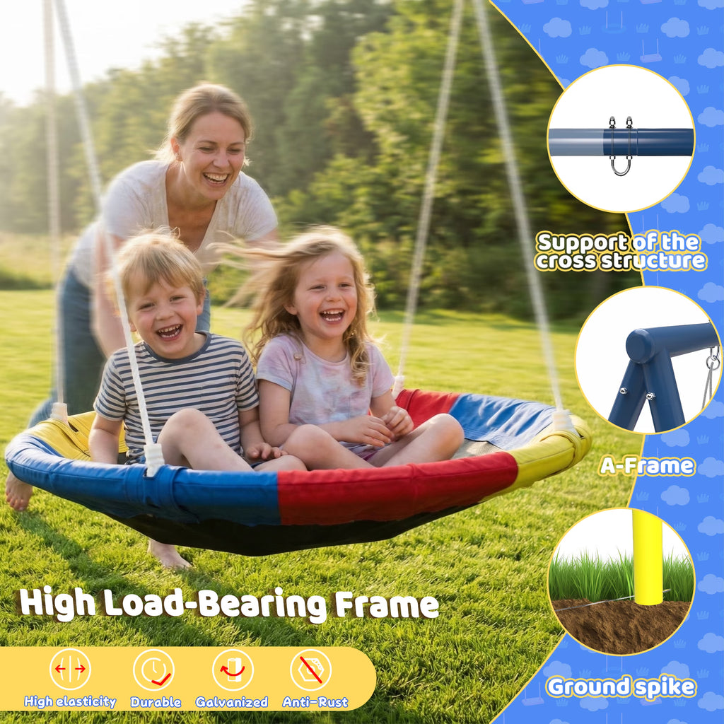 Kdymod 440lbs 40" Saucer Swing with Frame for Kids Outdoor, Heavy Duty Metal Swing Set with Adjustable Ropes & Ground Anchors, A-Frame Backyard Playset for Playground, Toddlers Ages 3+, Blue