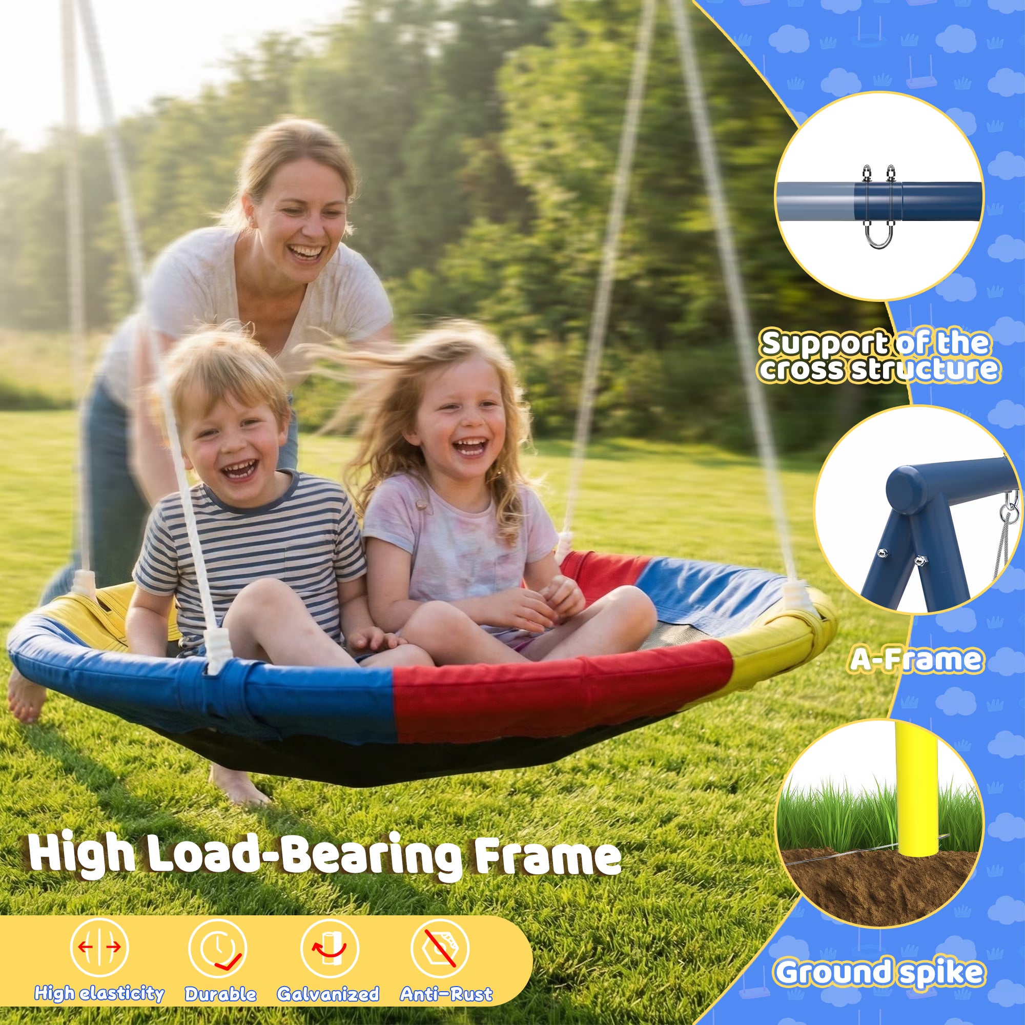 Kdymod 440lbs 40" Saucer Swing with Frame for Kids Outdoor, Heavy Duty Metal Swing Set with Adjustable Ropes & Ground Anchors, A-Frame Backyard Playset for Playground, Toddlers Ages 3+, Blue
