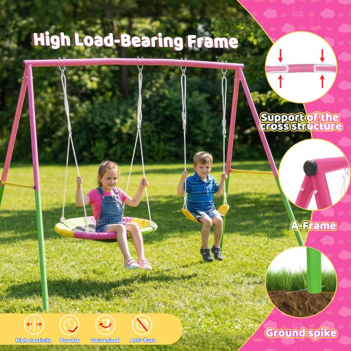 Kdymod Heavy Duty 440lbs Double Swing Set with Stand, Metal A-Frame Swing Set for Backyard, Includes 32" Saucer Disc & 26.2" Belt Seat, Outdoor Playset for Playground