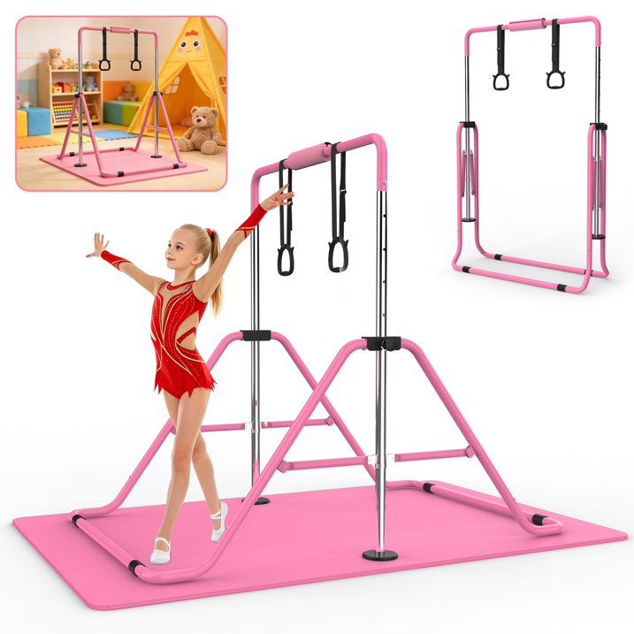 Kdymod Gymnastics Bar for Kid,Adjustable Height Kids Gymnastics Bar with Mat,Foldable Horizontal Junior Gymnastics Equipment Bar for Home Gym,Pink