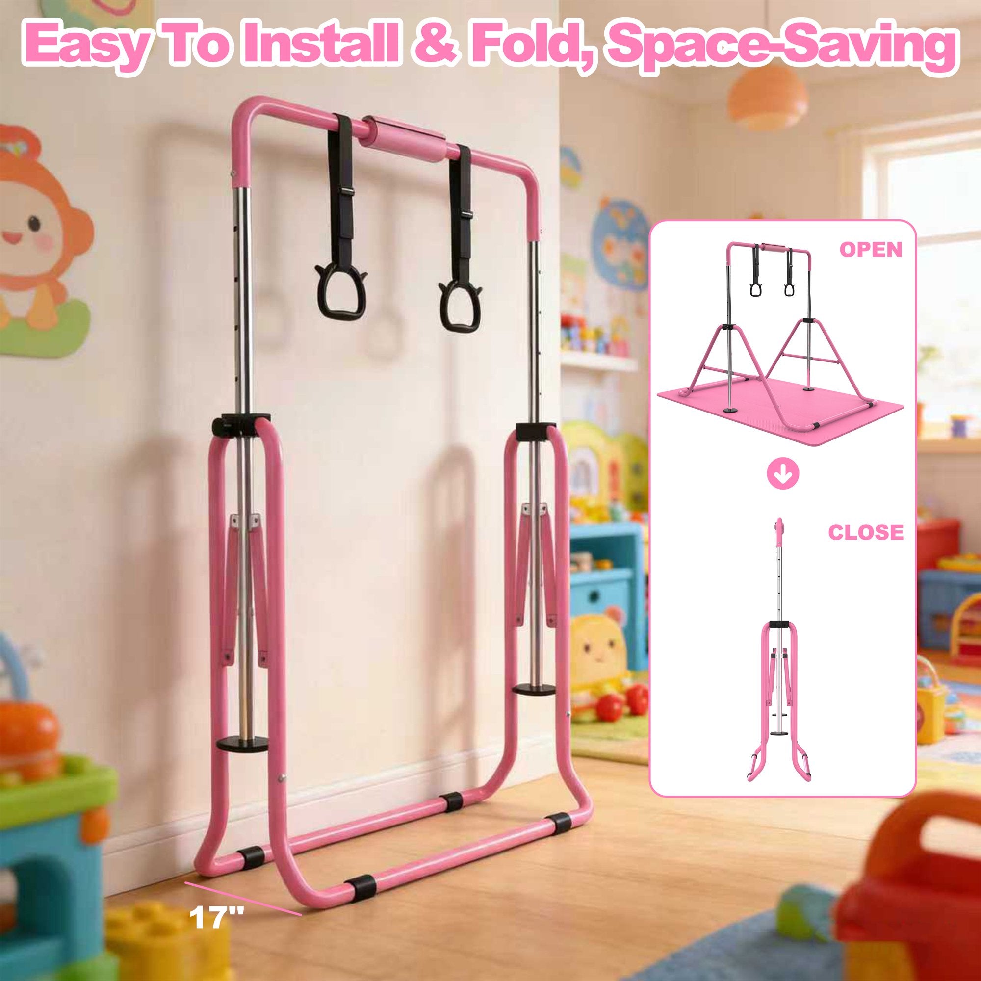 Kdymod Gymnastics Bar for Kid,Adjustable Height Kids Gymnastics Bar with Mat,Foldable Horizontal Junior Gymnastics Equipment Bar for Home Gym,Pink