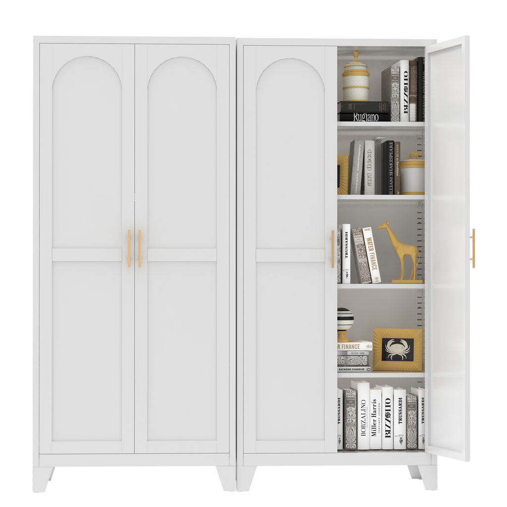 Uiowio 71" Height Metal Storage Cabinet, Modern Tall Steel Pantry Cupboard with 2 Shapely Doors and Adjustable Shelves for Kitchen Garage and Home, White