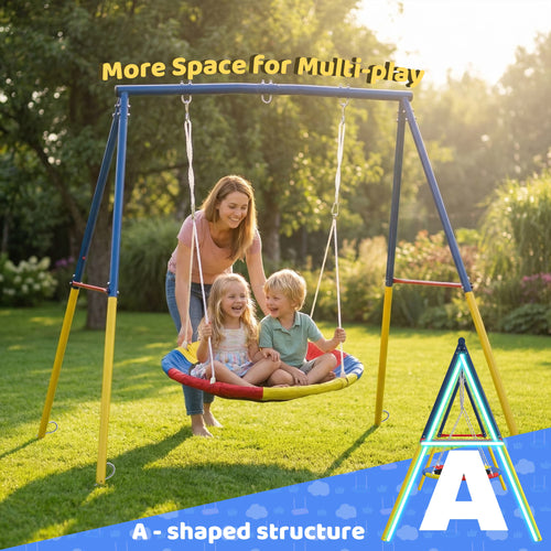 Kdymod 440lbs 40" Saucer Swing with Frame for Kids Outdoor, Heavy Duty Metal Swing Set with Adjustable Ropes & Ground Anchors, A-Frame Backyard Playset for Playground, Toddlers Ages 3+, Blue