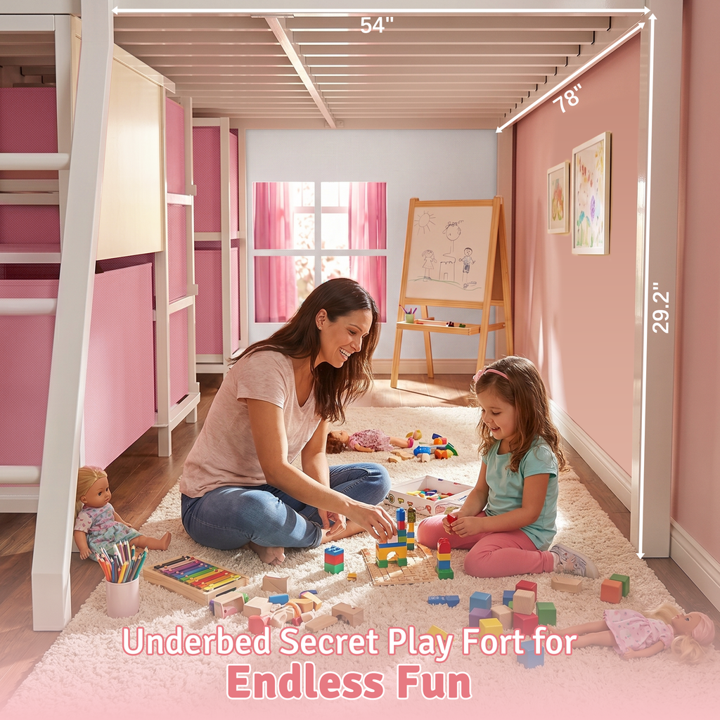 Kdymod Full Loft Bed with 6 Storage Drawers & Shelf, Loft Bed with LED Lights & Play Curtain, Metal Loft Bed Frame with Ladder & Safety Guardrail, Pink