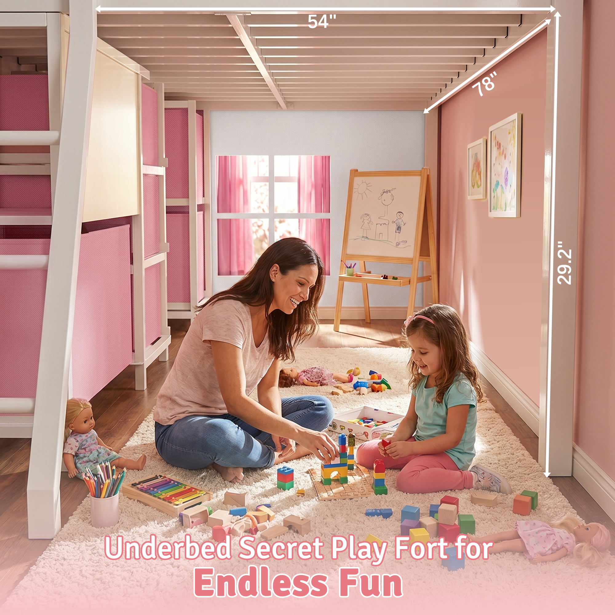 Kdymod Full Loft Bed with 6 Storage Drawers & Shelf, Loft Bed with LED Lights & Play Curtain, Metal Loft Bed Frame with Ladder & Safety Guardrail, Pink