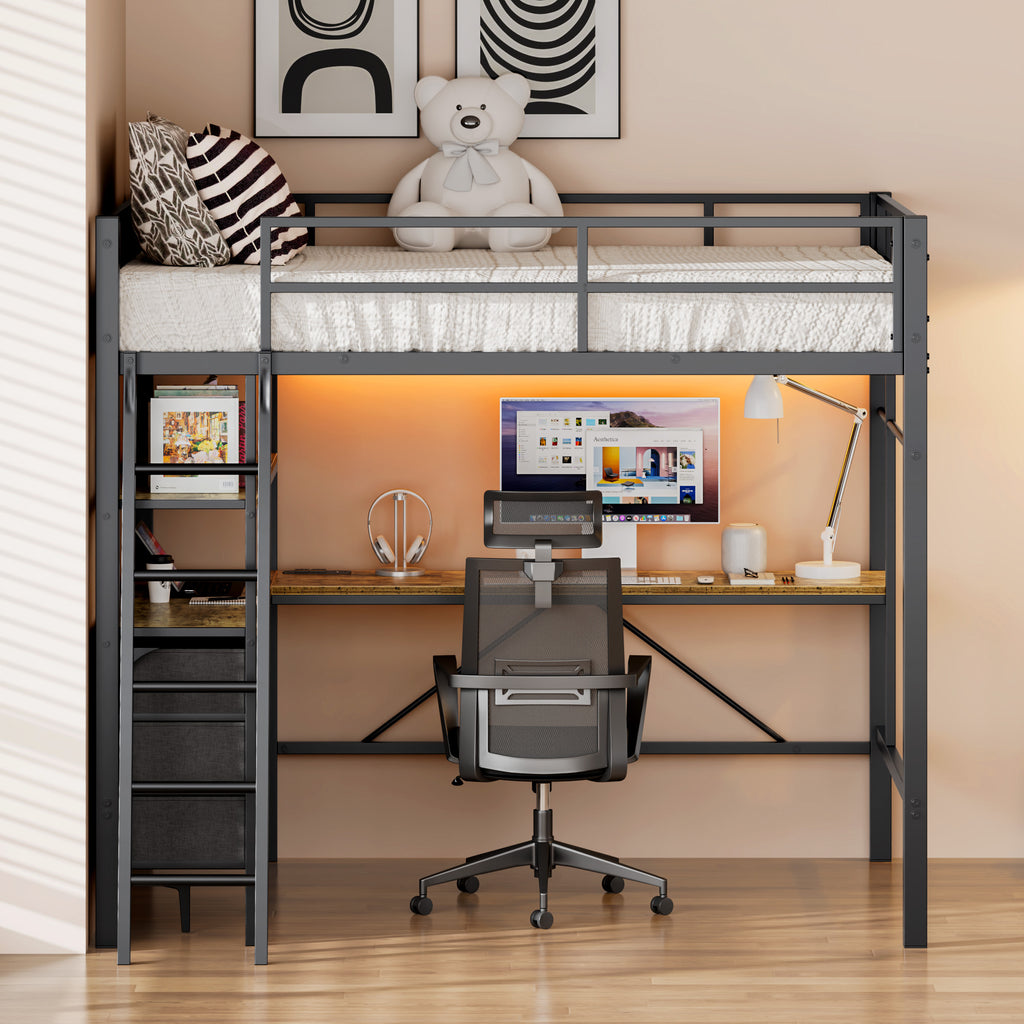 Uiowio Full Metal Loft Bed Frame with L-Shaped Desk & LED Lights & Charging Station, Loft Bed with 3 Fabric Drawers & 2 Storage Shelves, Safety Guard & Stairs, Black