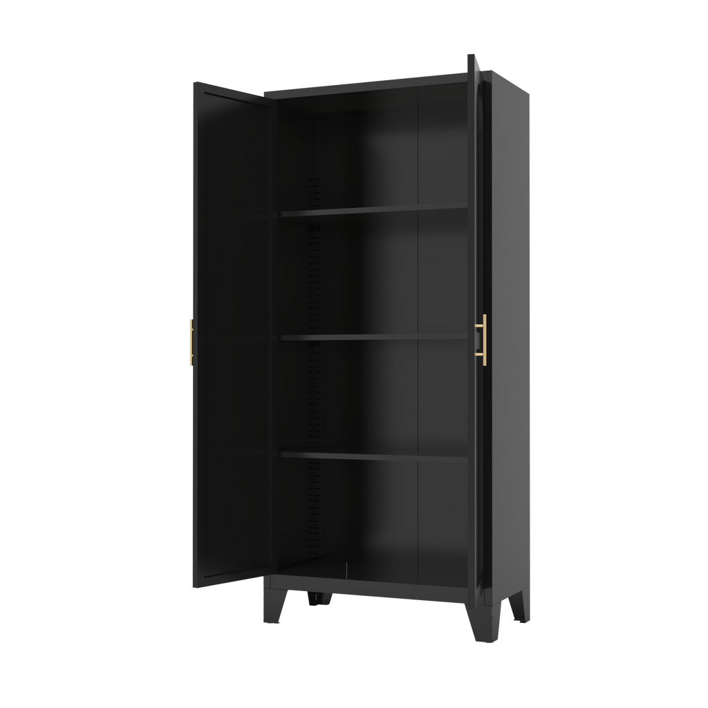 Uiowio 71" Height Metal Storage Cabinet, Modern Tall Steel Pantry Cupboard with 2 Shapely Doors and Adjustable Shelves for Kitchen Garage and Home,Black
