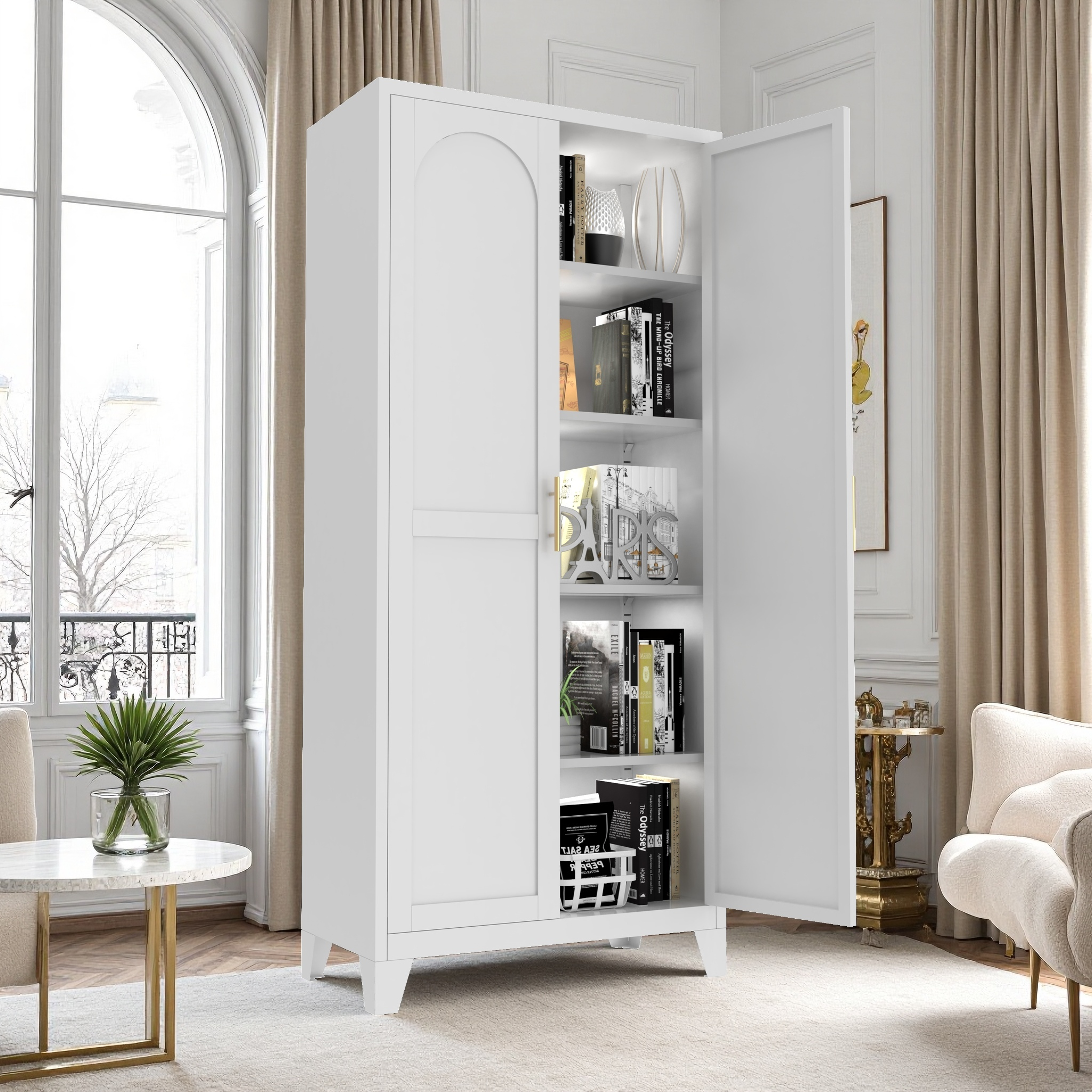 Uiowio 71" Height Metal Storage Cabinet, Modern Tall Steel Pantry Cupboard with 2 Shapely Doors and Adjustable Shelves for Kitchen Garage and Home, White