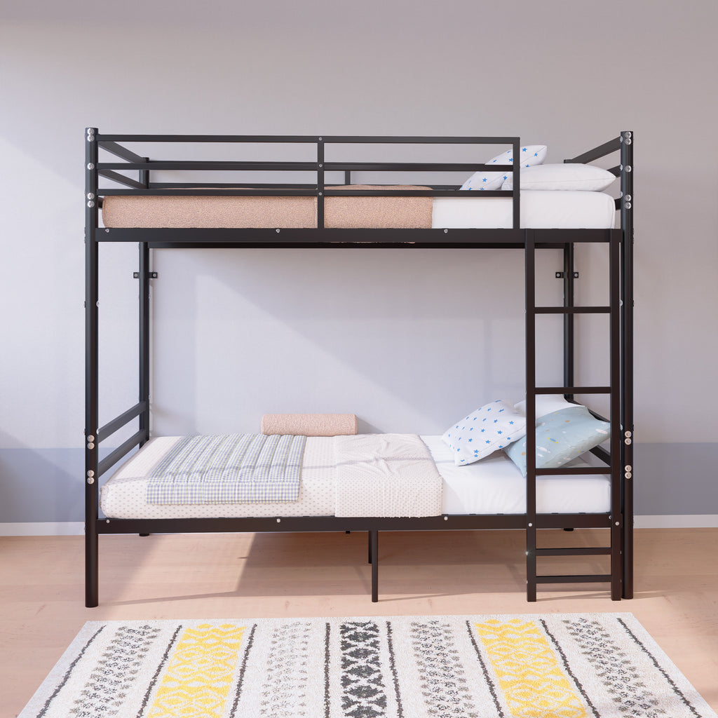 Kdymod Twin over Twin Metal Bunk Bed with Storage, Converts to 2 Separate Beds, Heavy-Duty & Space-Saving Bed Frame with Built-in Ladder & Safety Guardrail, Black