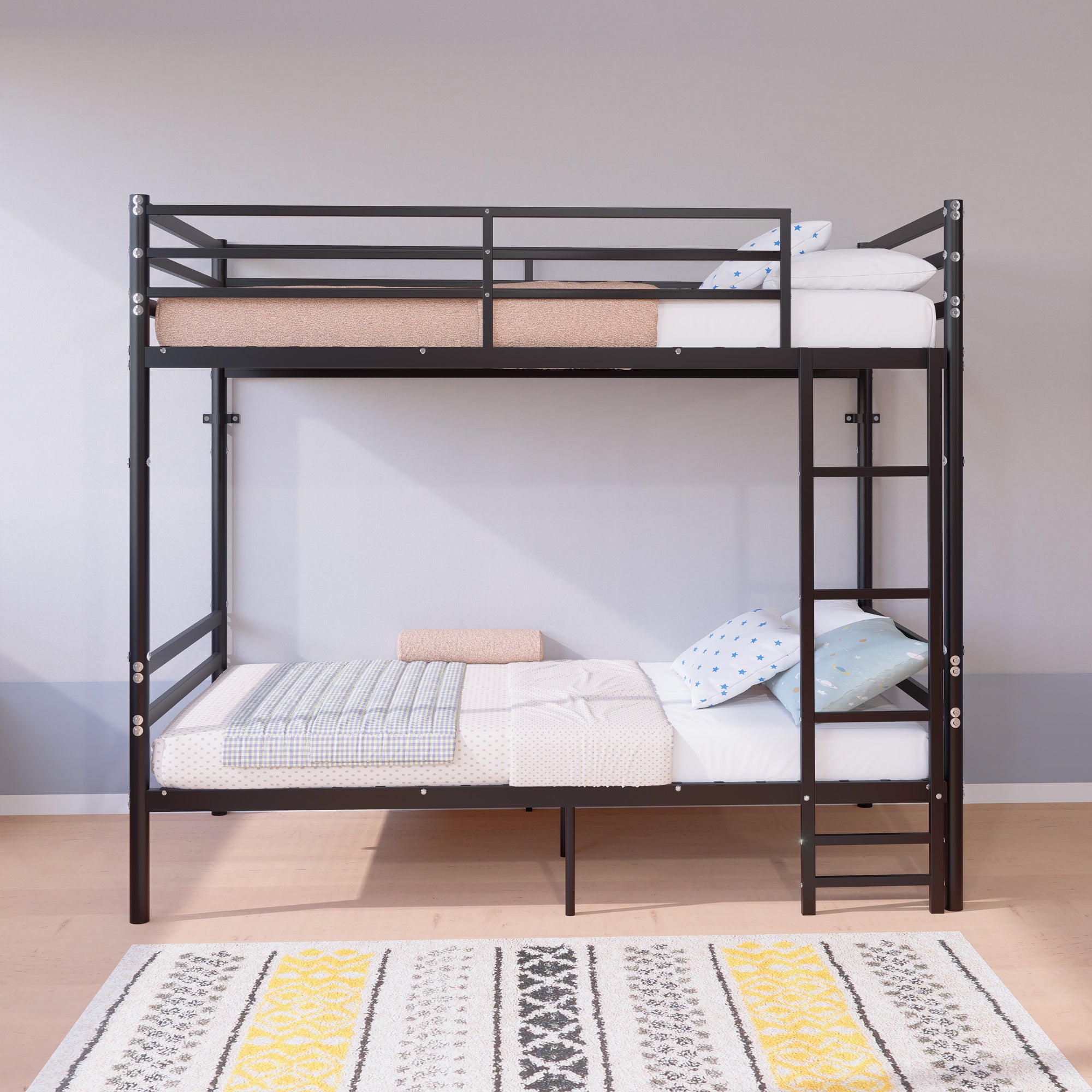 Kdymod Twin over Twin Metal Bunk Bed with Storage, Converts to 2 Separate Beds, Heavy-Duty & Space-Saving Bed Frame with Built-in Ladder & Safety Guardrail, Black