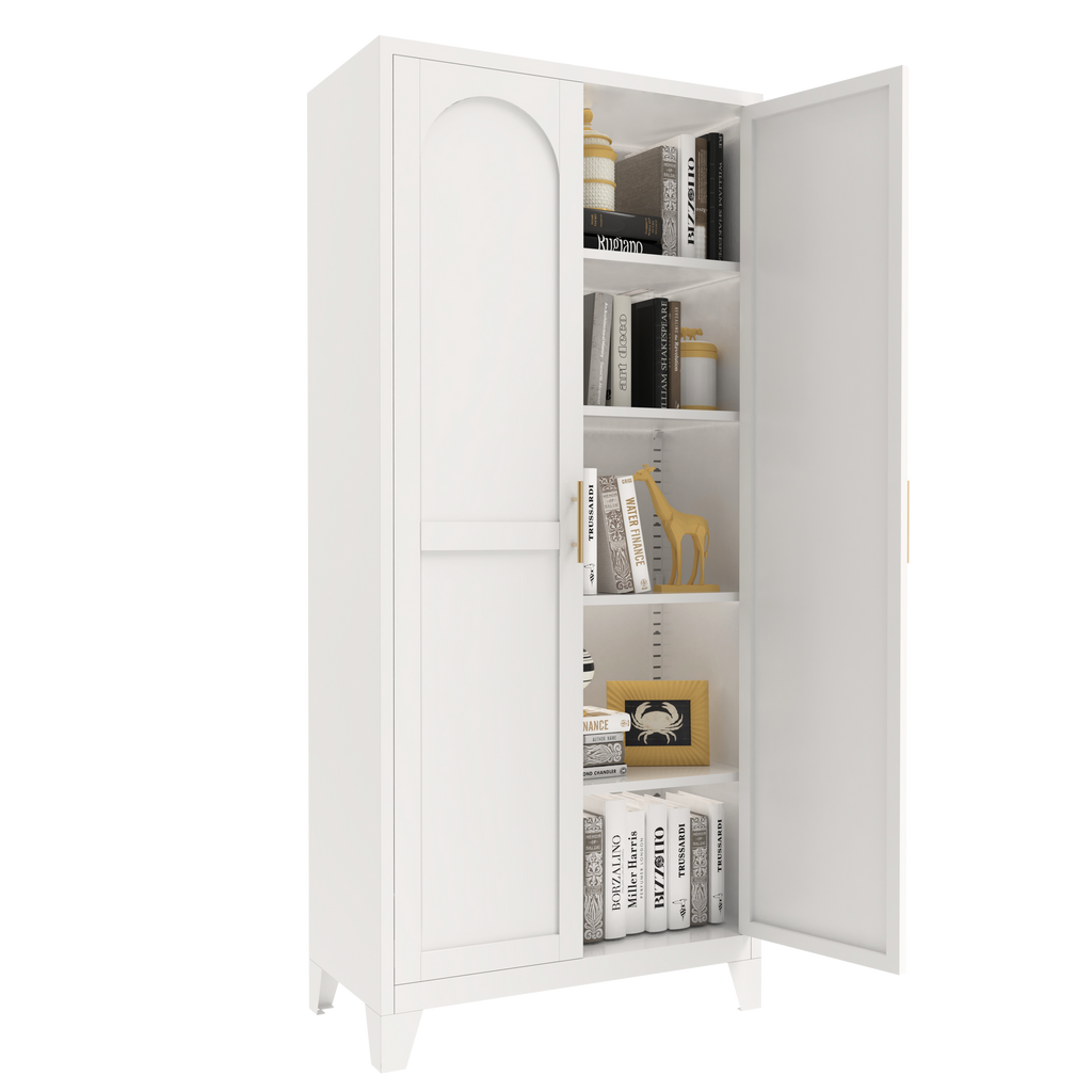 Uiowio 71" Height Metal Storage Cabinet, Modern Tall Steel Pantry Cupboard with 2 Shapely Doors and Adjustable Shelves for Kitchen Garage and Home, White
