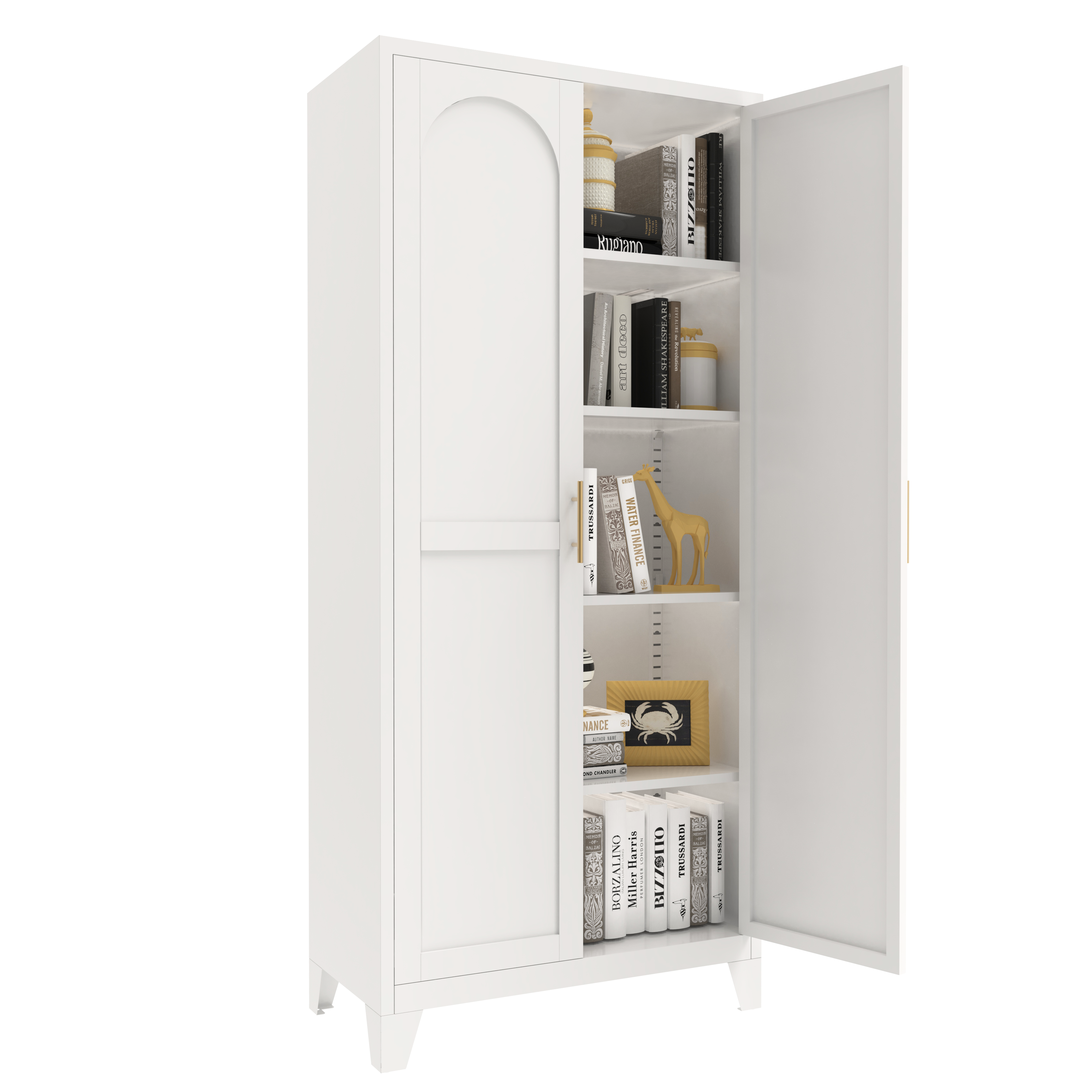 Uiowio 71" Height Metal Storage Cabinet, Modern Tall Steel Pantry Cupboard with 2 Shapely Doors and Adjustable Shelves for Kitchen Garage and Home, White