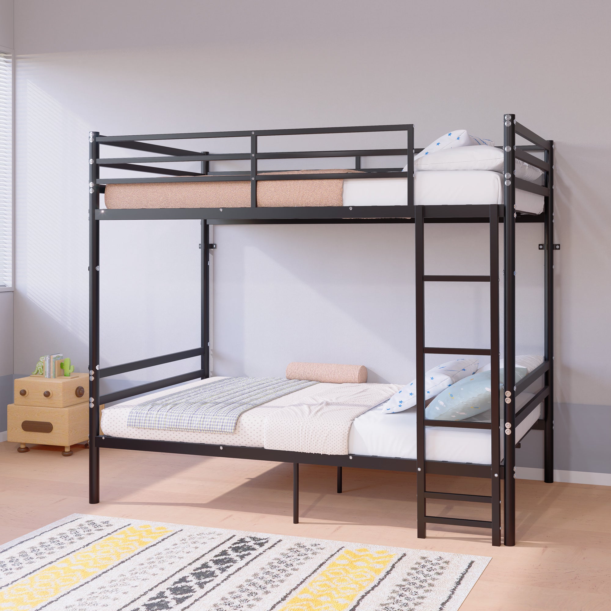 Kdymod Twin over Twin Metal Bunk Bed with Storage, Converts to 2 Separate Beds, Heavy-Duty & Space-Saving Bed Frame with Built-in Ladder & Safety Guardrail, Black