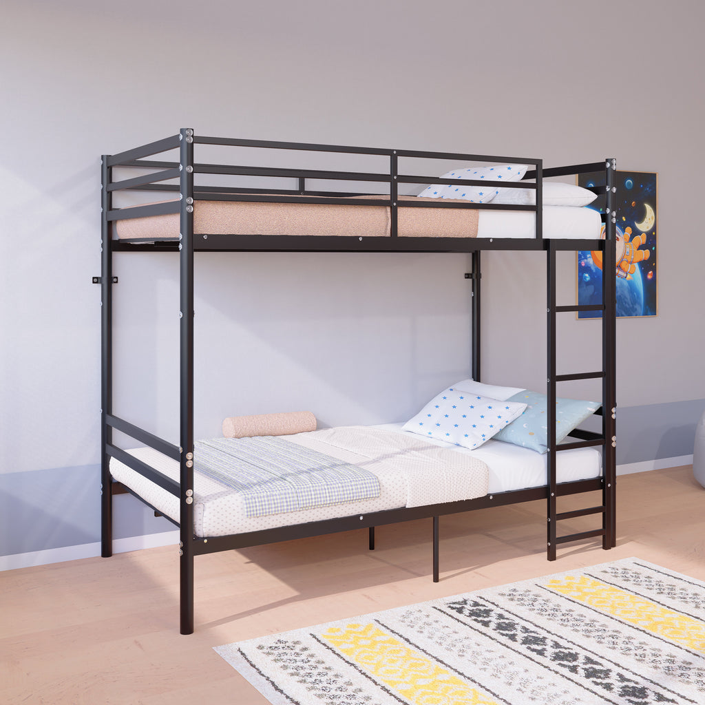 Kdymod Twin over Twin Metal Bunk Bed with Storage, Converts to 2 Separate Beds, Heavy-Duty & Space-Saving Bed Frame with Built-in Ladder & Safety Guardrail, Black