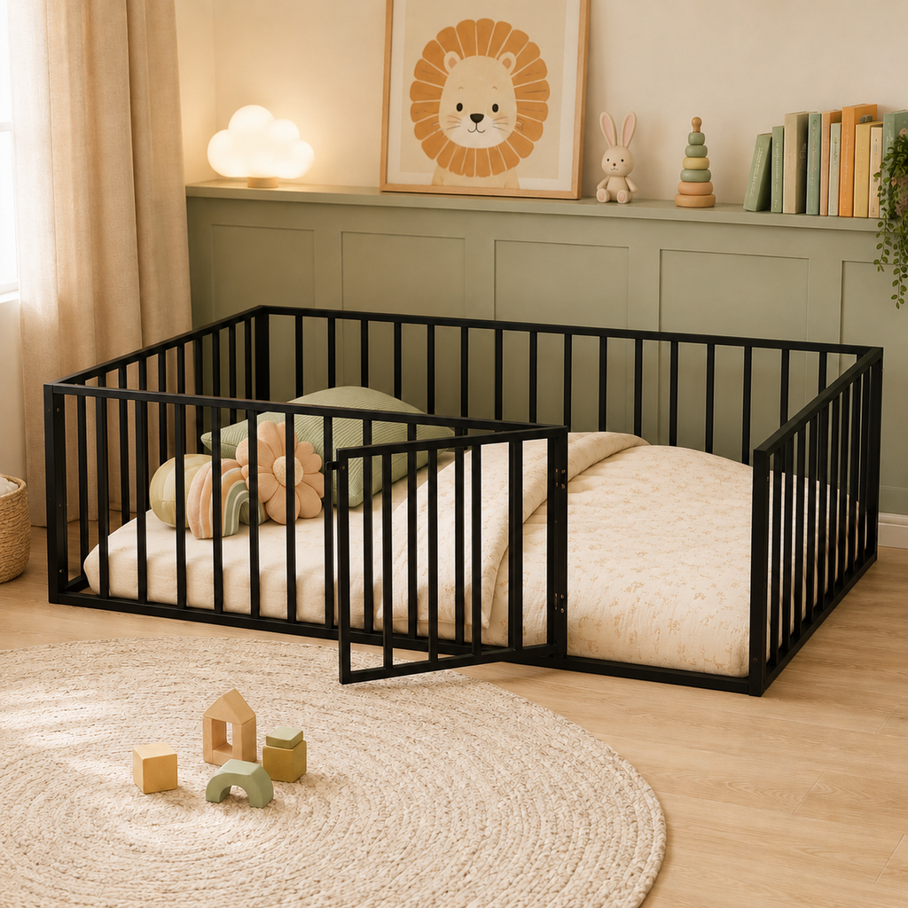 Kdymod Twin Size Montessori Floor Bed for Toddler with Safety Guardrail & Door, Low-to-Floor Metal Bed Frame, Easy Assembly, Safe Play-Sleep Zone, No Box Spring Needed, Black