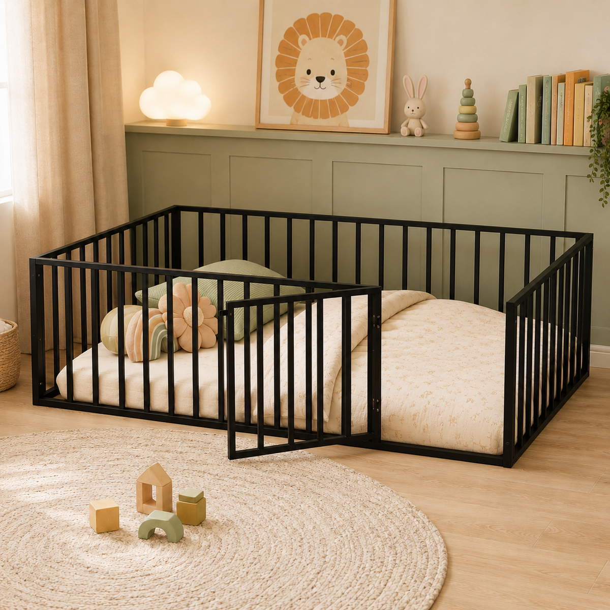 Kdymod Twin Size Montessori Floor Bed for Toddler with Safety Guardrail & Door, Low-to-Floor Metal Bed Frame, Easy Assembly, Safe Play-Sleep Zone, No Box Spring Needed, Black