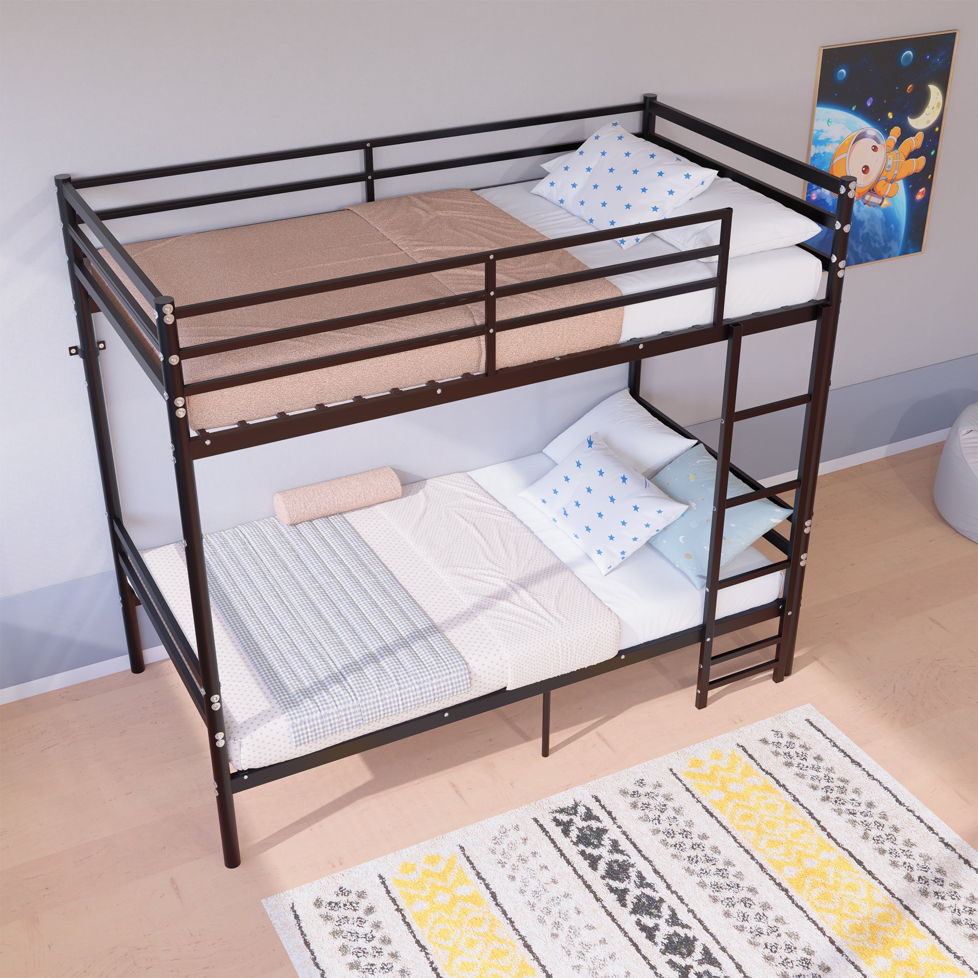 Kdymod Twin over Twin Metal Bunk Bed with Storage, Converts to 2 Separate Beds, Heavy-Duty & Space-Saving Bed Frame with Built-in Ladder & Safety Guardrail, Black