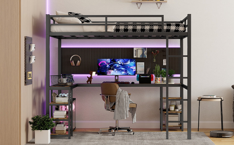 Uiowio Full XL Metal Loft Bed with L-Shaped Desk Underneath & 6 Shelves & Storage, Space-Saving Bed Frame with Built-in Ladder & Safety Guardrail, for Teens