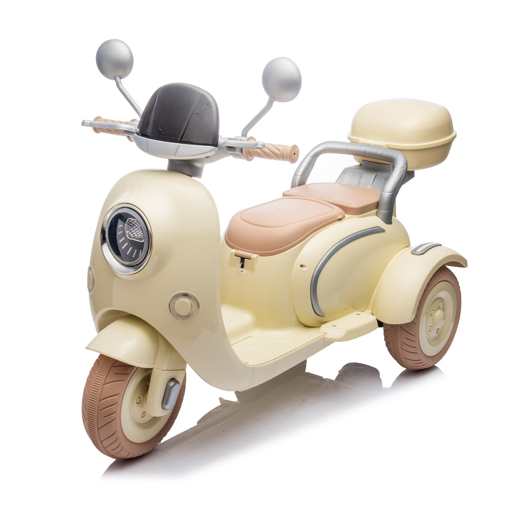 Cirui 2 Seater 12V Kids Motorcycle,3 Wheel Ride Dual Motorcycle,Toy 12V Electric Motorcycle with Front LED Light/USB/Storage Box,Beige