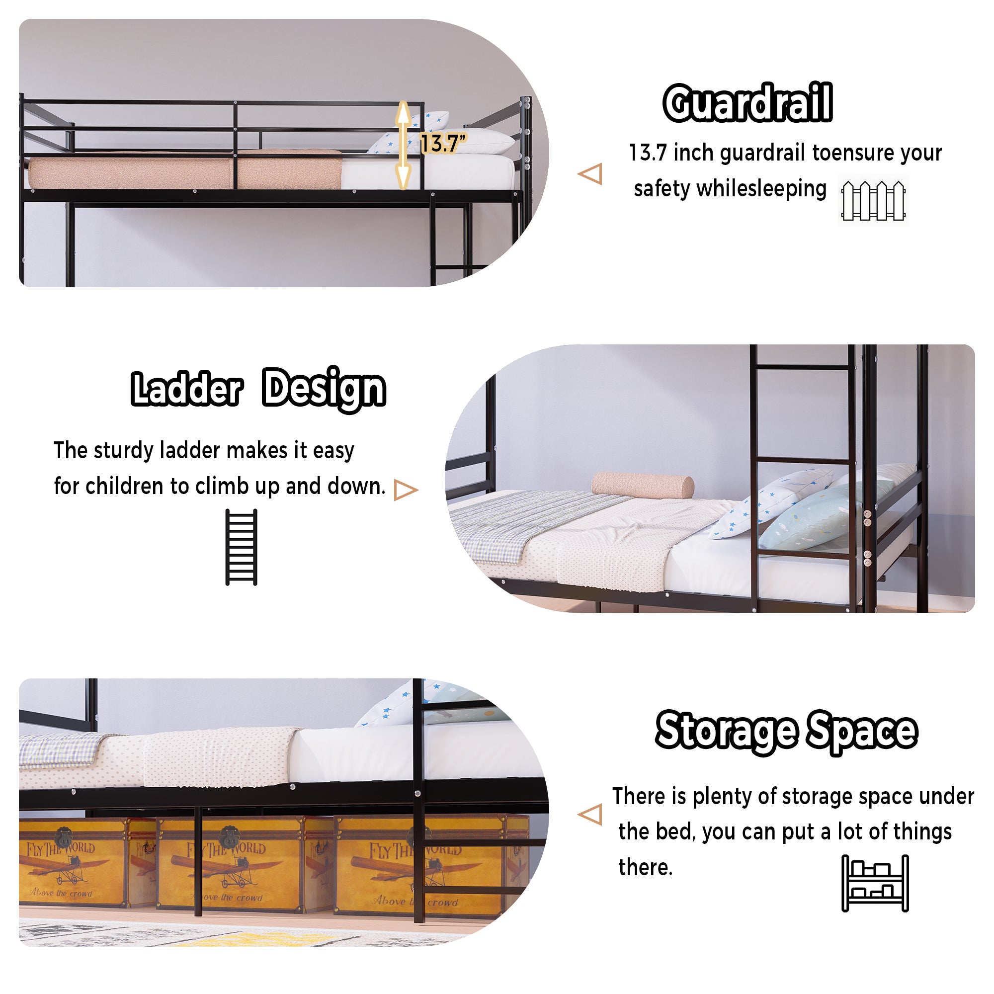 Kdymod Twin over Twin Metal Bunk Bed with Storage, Converts to 2 Separate Beds, Heavy-Duty & Space-Saving Bed Frame with Built-in Ladder & Safety Guardrail, Black