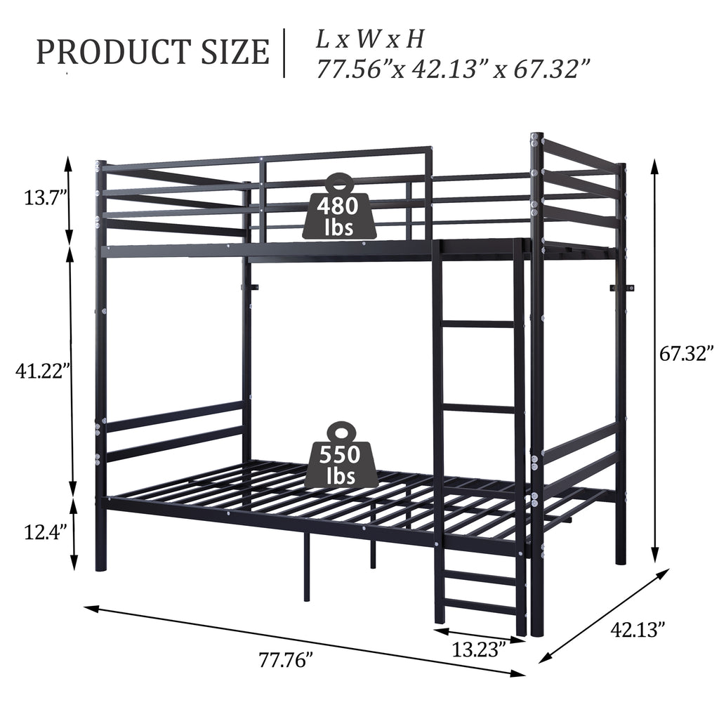 Kdymod Twin over Twin Metal Bunk Bed with Storage, Converts to 2 Separate Beds, Heavy-Duty & Space-Saving Bed Frame with Built-in Ladder & Safety Guardrail, Black