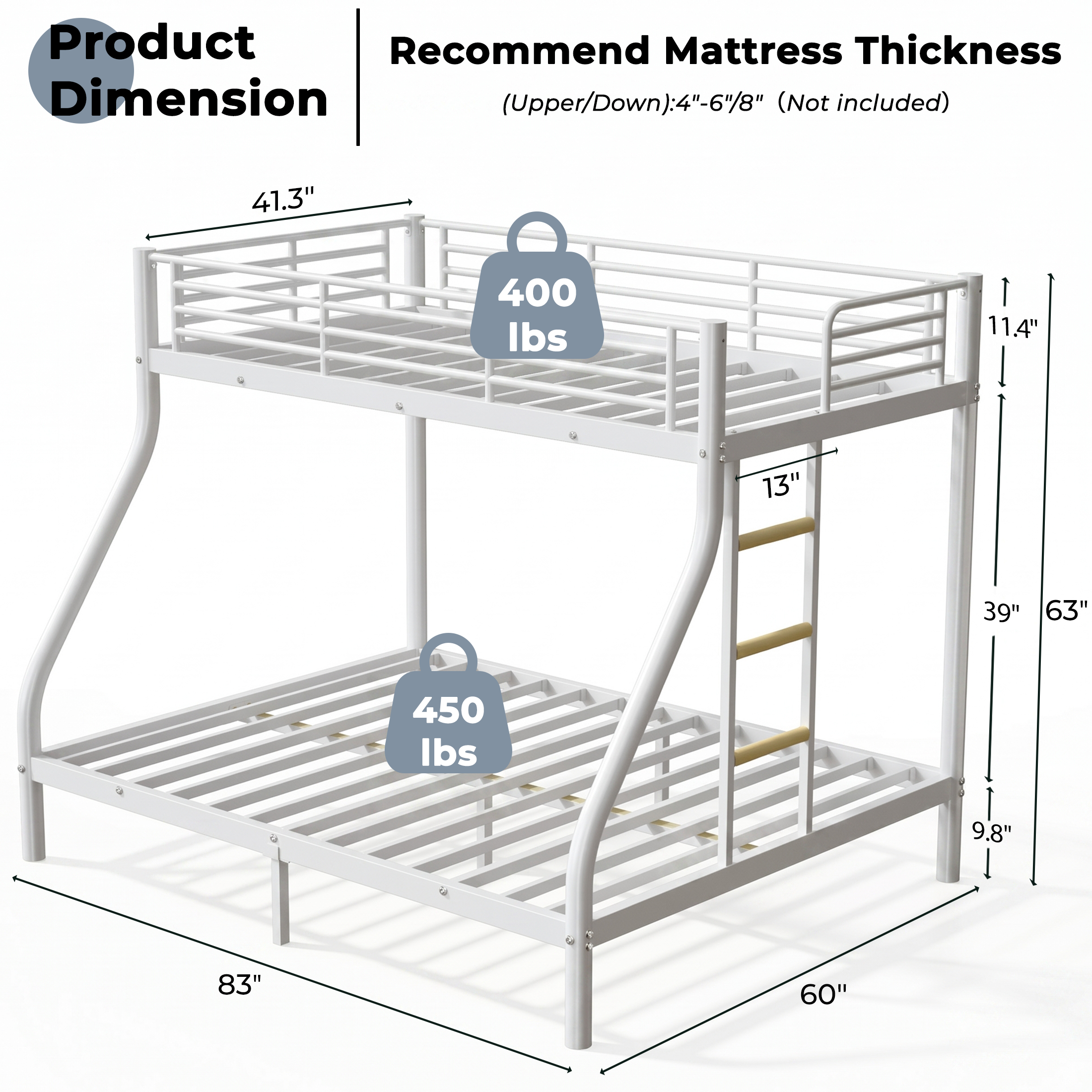 Kdymod Twin XL over Queen Metal Bunk Bed with Stairs & Storage, Heavy Duty Bed Frame for Adults & Teens, Includes 2 6" Memory Foam Mattresses, No Box Spring Needed, White