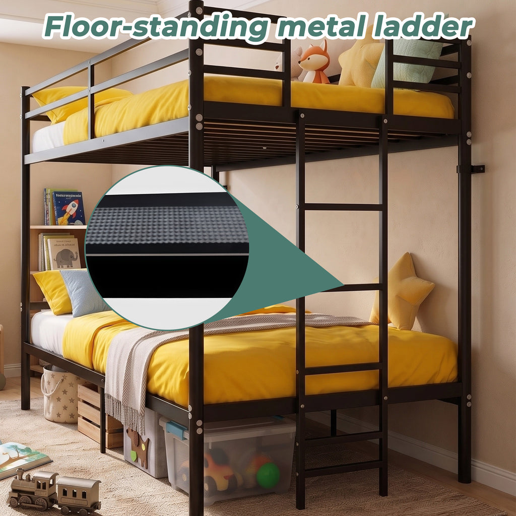 Kdymod Twin over Twin Metal Bunk Bed with Storage, Ladder & Safety Guardrail, Space-Saving Heavy Duty Bed Frame for Adults & Teens, No Box Spring Needed, Black