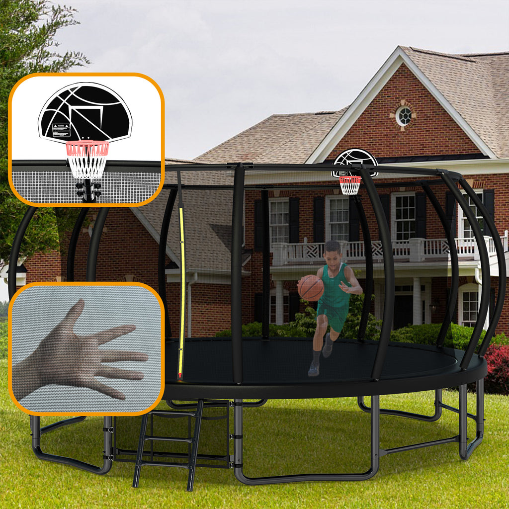Mersco 16ft Trampoline for Kids Adults, Outdoor Pumpkin Trampoline with Enclosure Net, Basketball Hoop and Storage Bag,Black