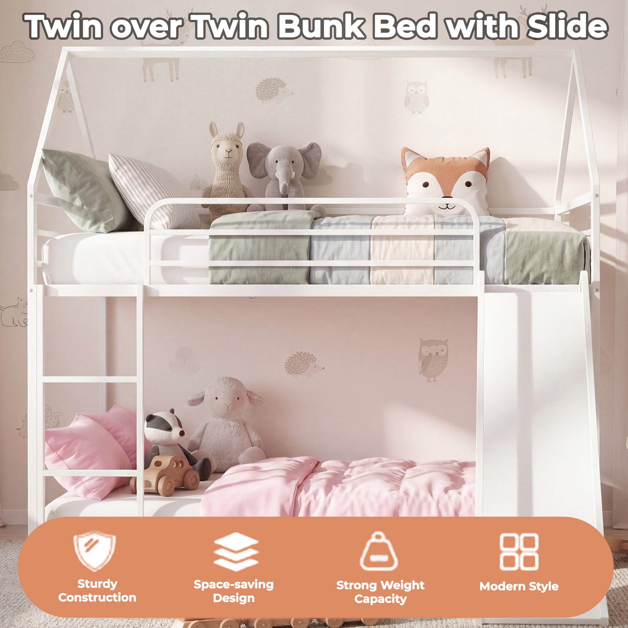 Uiowio Twin over Twin Bunk Bed with Stairs, Floor Bunk Bed Frame with Convertible Slide, Heavy Duty Metal Low Bed with House Shape and Roof, White
