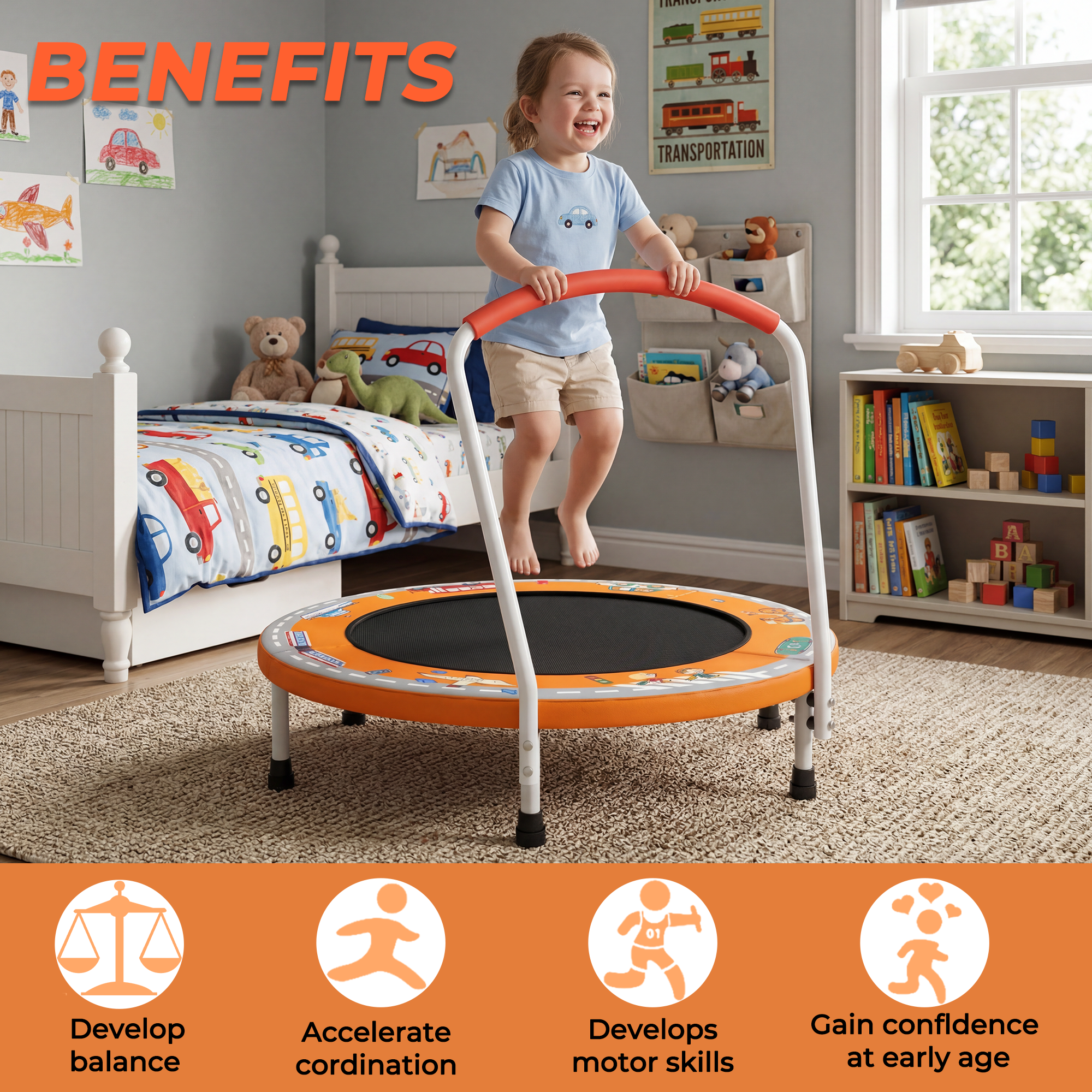 Mersco 36" Kids Trampoline for Toddlers,Indoor & Outdor Trampoline with Handle for 2+ Years Kids,Baby Toys Gifts for Boys Girls, Birthday, Orange