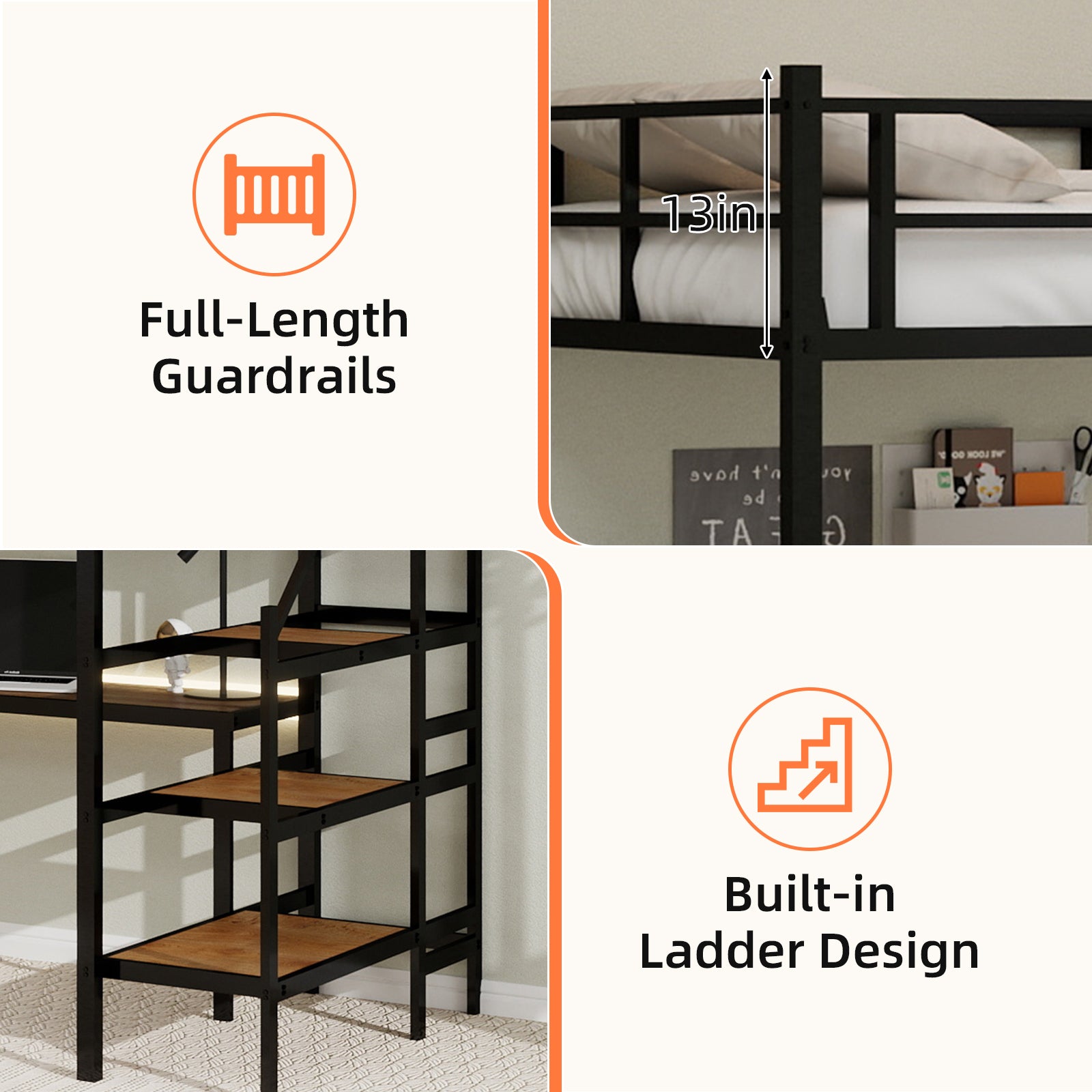 Uiowio Twin Loft Bed with L-Shaped Desk & Large Storage, Space-Saving Loft Bed Frame with Stairs & Continuous Guard Railing, Black