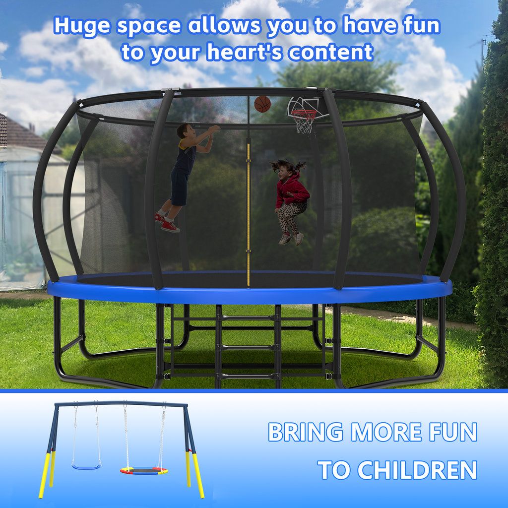 Mersco 14FT Heavy Duty Trampoline with Enclosure Net & Swing Set Outdoor Big Trampoline for Backyard, Kids Trampoline with Basketball Hoop, 1320LBS Capacity (Blue)