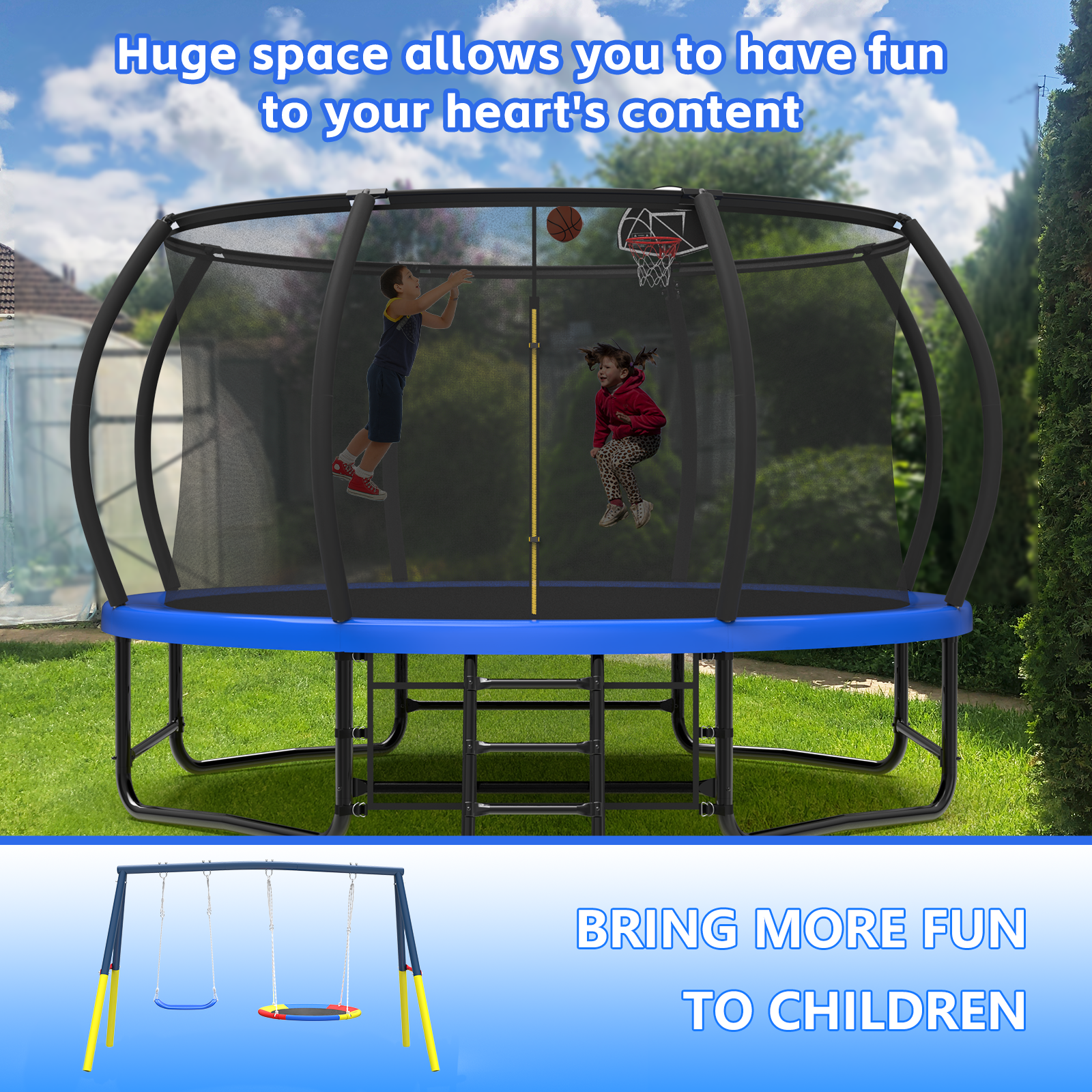 Mersco 14FT Heavy Duty Trampoline with Enclosure Net & Swing Set Outdoor Big Trampoline for Backyard, Kids Trampoline with Basketball Hoop, 1320LBS Capacity (Blue)