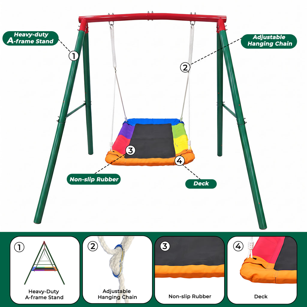Mersco 60" Platform Swing Seat and Sturdy Metal A-Frame Stand for Kids , Detachable Rectangular Swing, 440 lbs Heavy-Duty A-Frame for Small Backyard Fun,Green