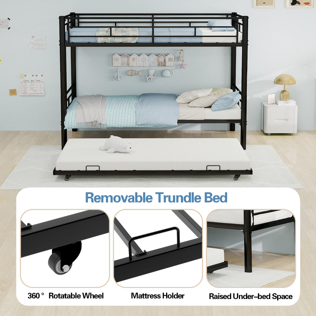 Kdymod Triple Bunk Bed Twin over Twin with Twin Trundle, Bunk Bed with Convertible 2-in-1 Design, Metal Bunk Bed Frame with Ladder & Safety Guardrail, Space-Saving for Teens and Adults, Black