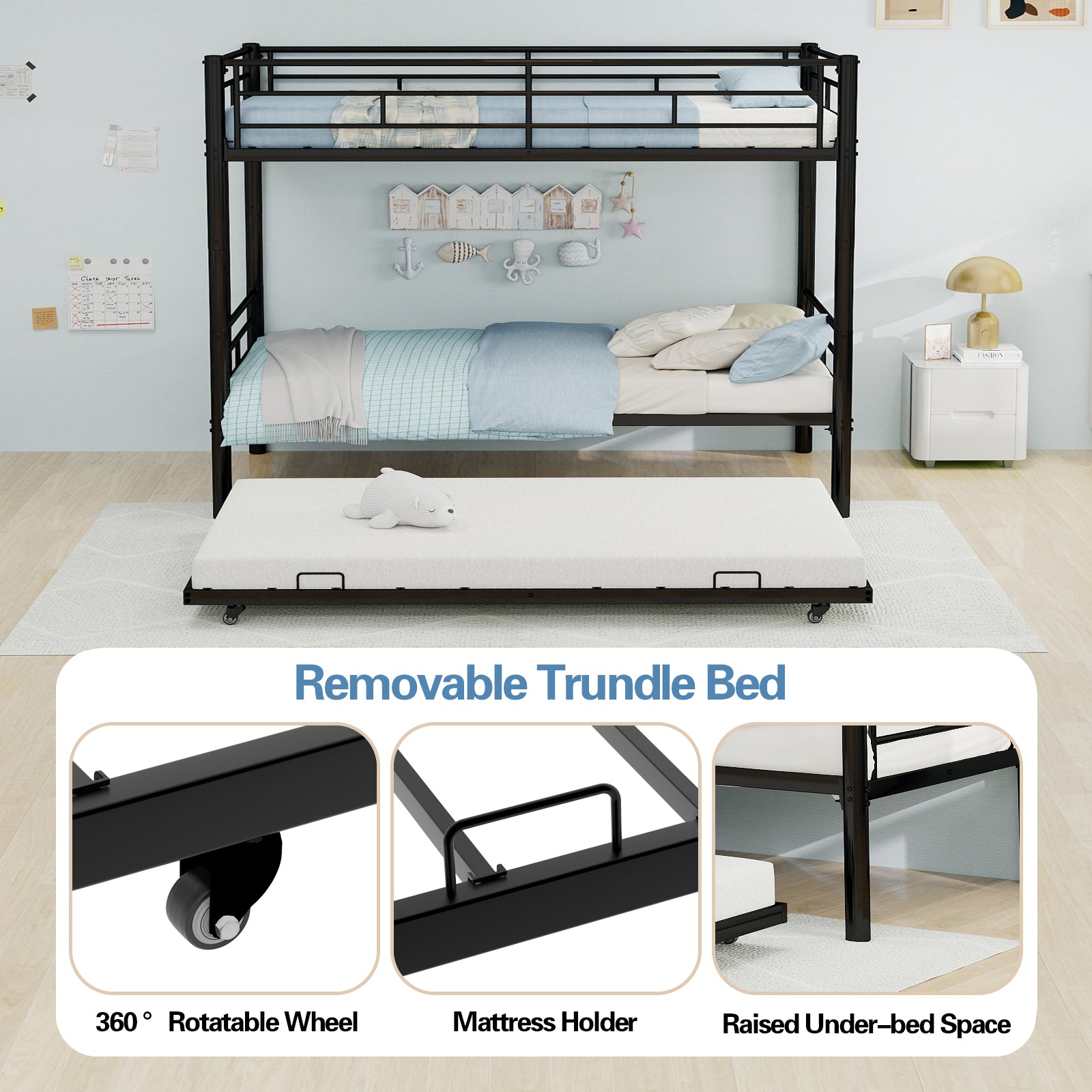 Kdymod Triple Bunk Bed Twin over Twin with Twin Trundle, Bunk Bed with Convertible 2-in-1 Design, Metal Bunk Bed Frame with Ladder & Safety Guardrail, Space-Saving for Teens and Adults, Black