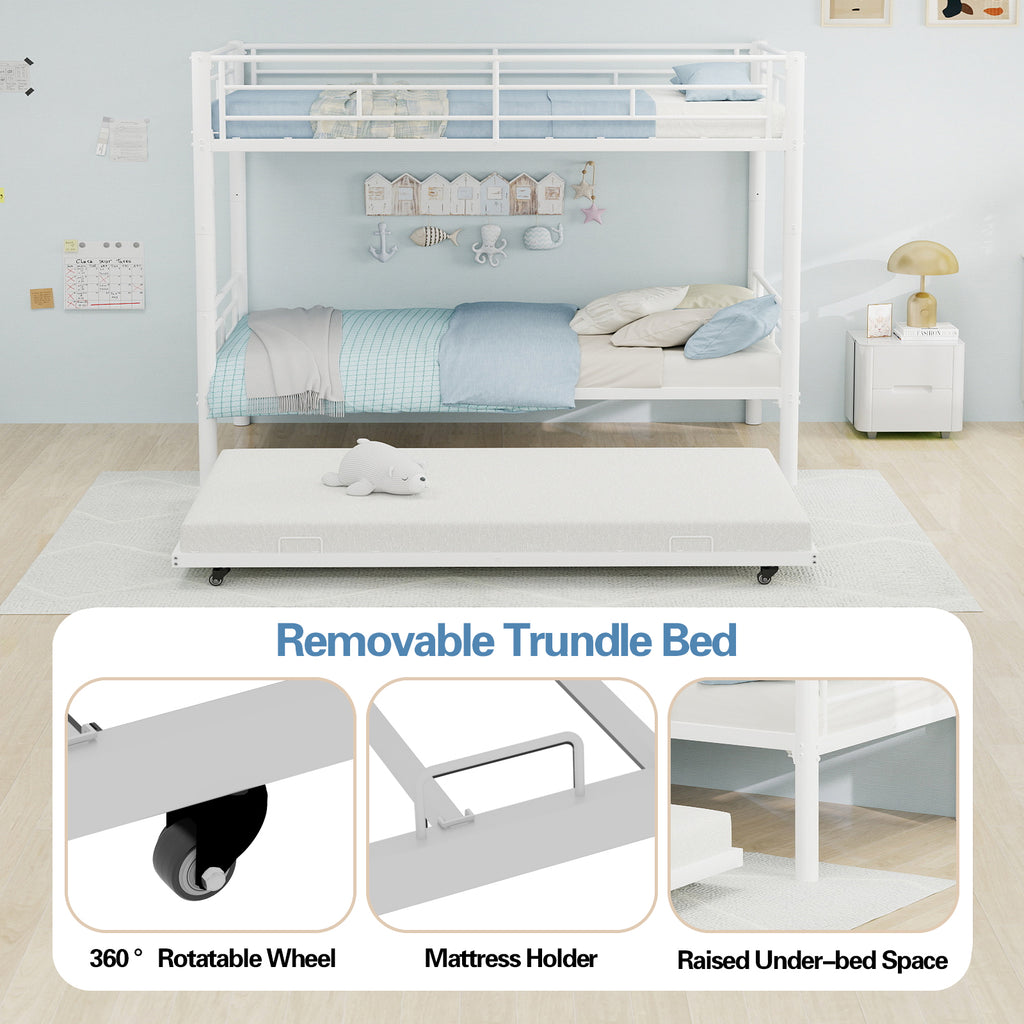 Kdymod Triple Bunk Bed Twin over Twin with Twin Trundle, Bunk Bed with Convertible 2-in-1 Design, Metal Bunk Bed Frame with Ladder & Safety Guardrail, Space-Saving for Teens and Adults, White